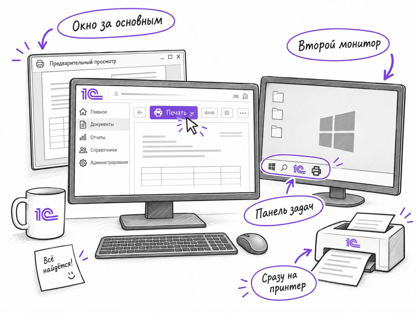Проверка окна печатной формы 1С на втором мониторе, панели задач и принтере