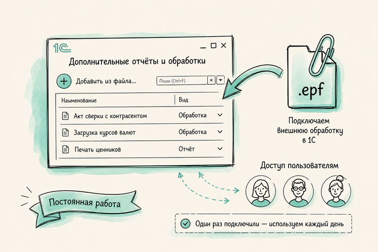Подключение внешней обработки в 1С